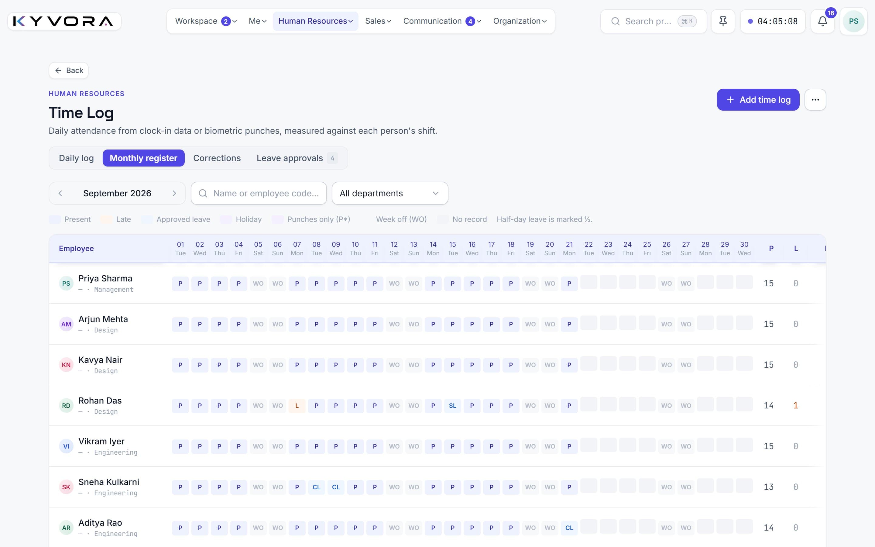 A monthly attendance register showing present, week-off and leave days for every employee