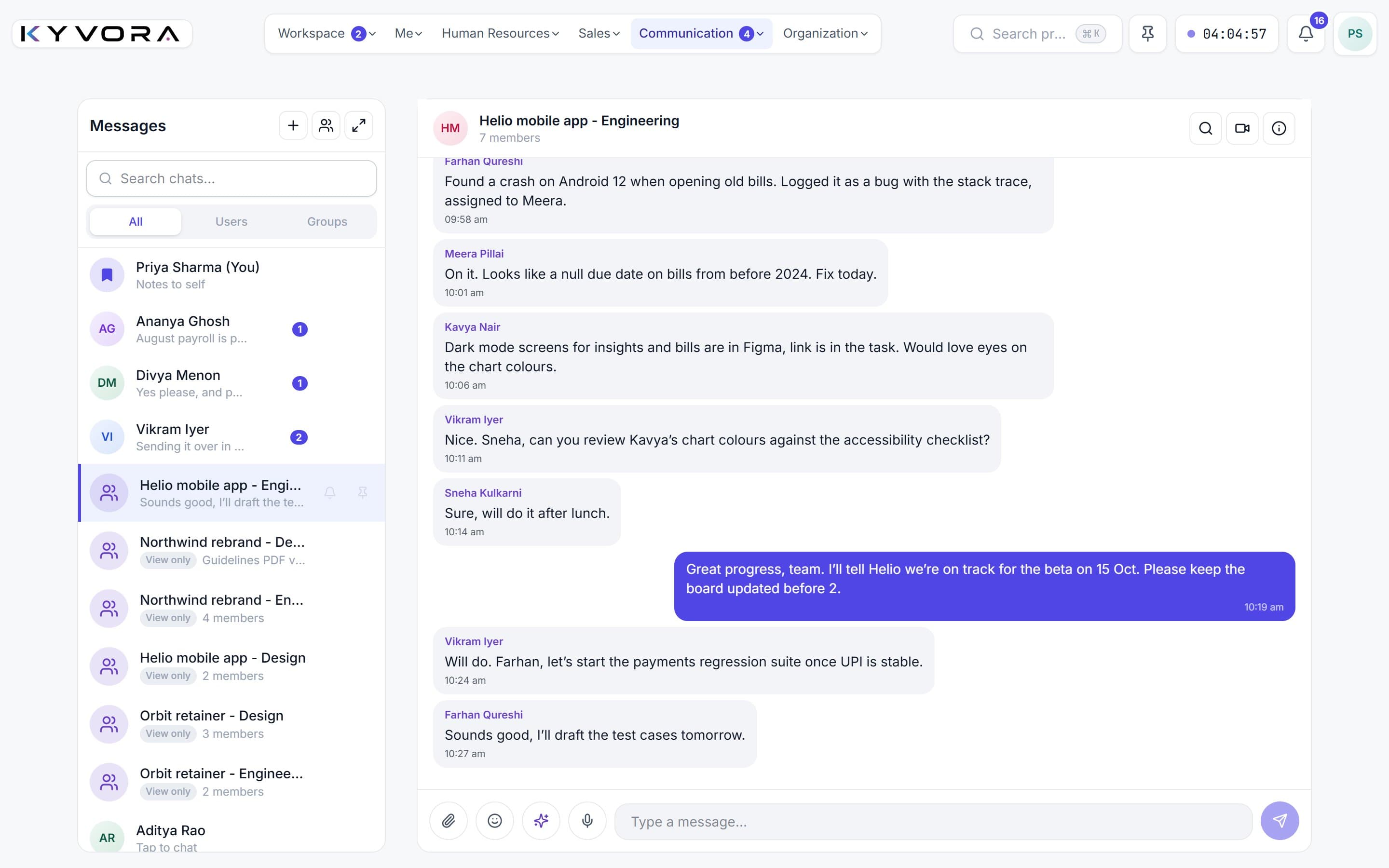 An engineering team’s project group chat, with direct messages and groups listed alongside