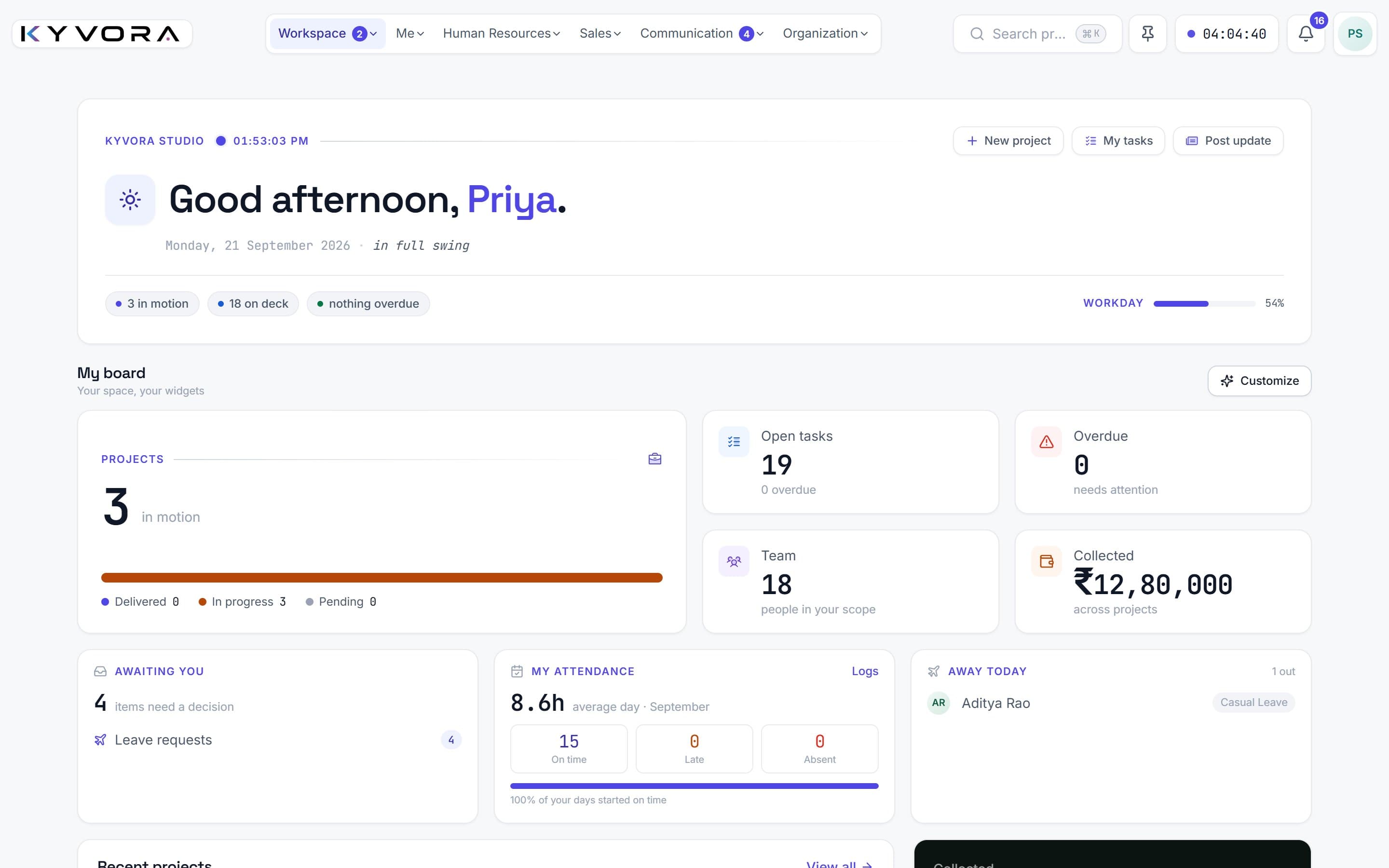 Kyvora dashboard: projects in motion, open tasks, team size, money collected, approvals waiting and who is away today
