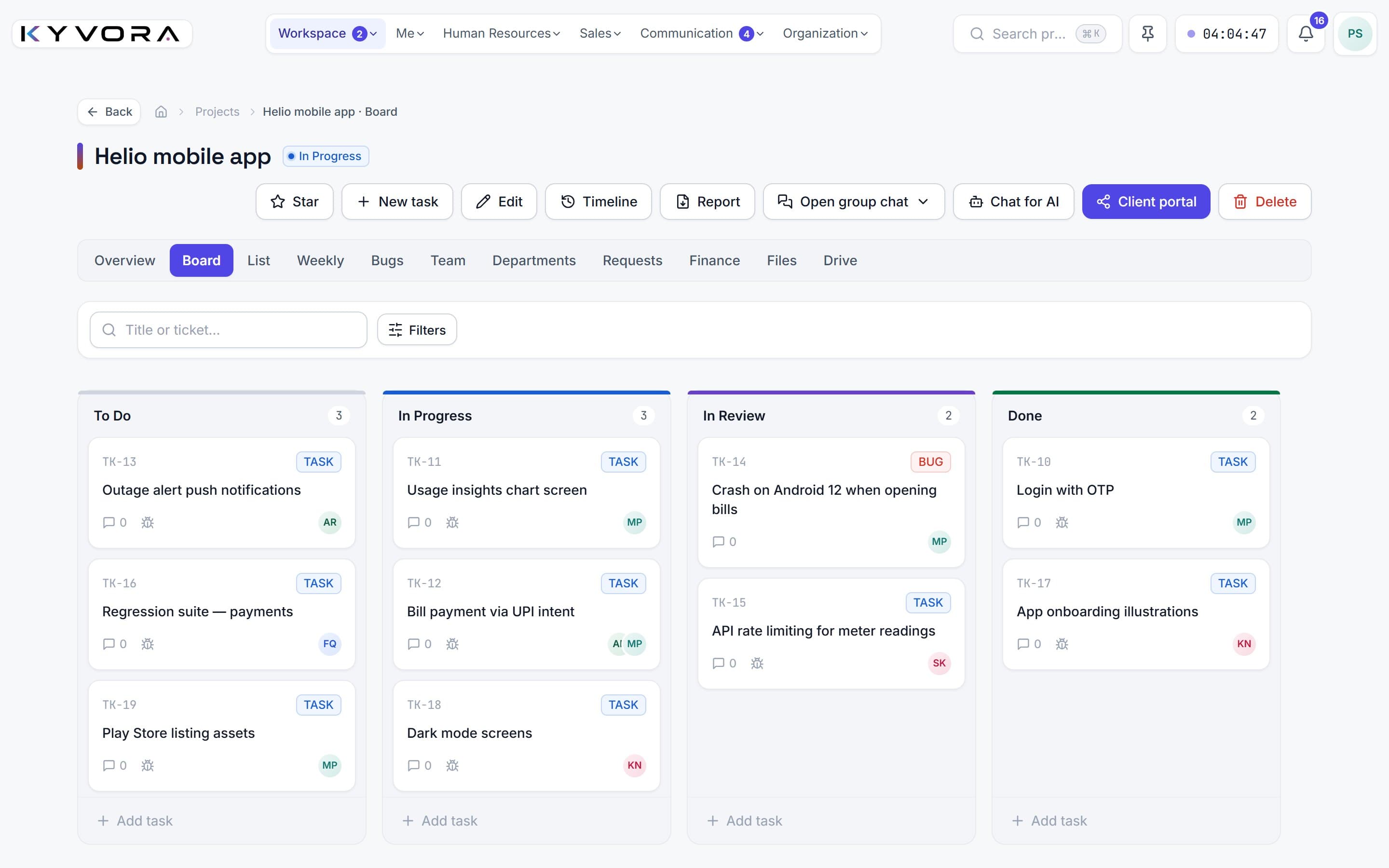 A project board with tasks and a bug across To do, In progress, In review and Done